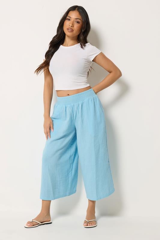 PixieGirl Petite Light Blue Cotton Cheesecloth Cropped Wide Leg Trousers