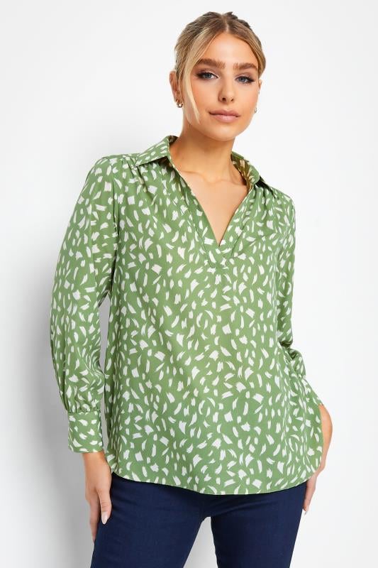 Women's  M&Co Green Brush Stroke Print Half Placket Shirt