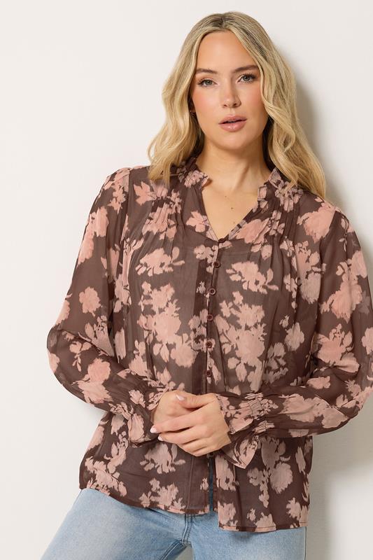 LTS Tall Women's Brown Abstract Floral Sheer Pintuck Blouse | Long Tall Sally 1