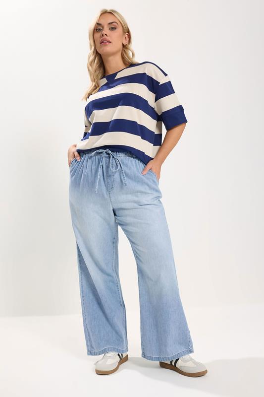 YOURS Curve Light Blue Drawstring Wide Leg Jeans