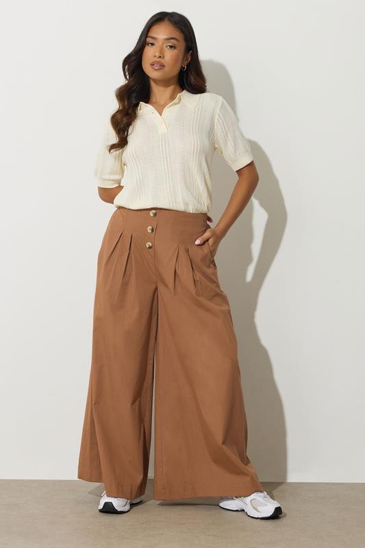PixieGirl Petite Women's Beige Brown Button Cotton Wide Palazzo Trousers | PixieGirl 1