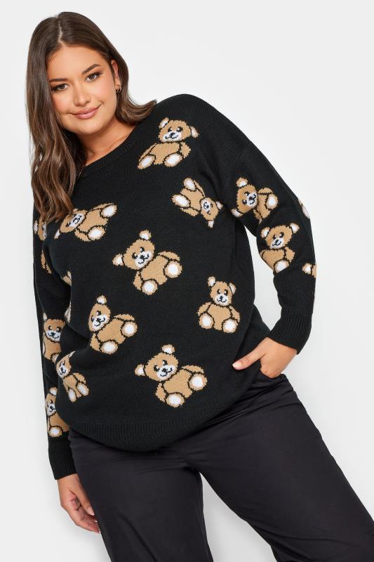 YOURS Plus Size Black Teddy Bear Print Knitted Jumper | Yours Clothing 1