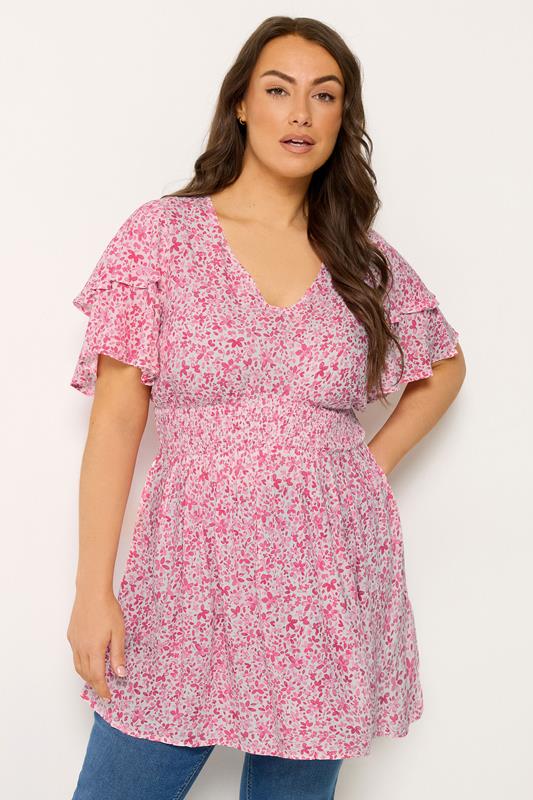 YOURS Plus Size Pink Ditsy Print Flutter Sleeve Top | Yours Clothing 1