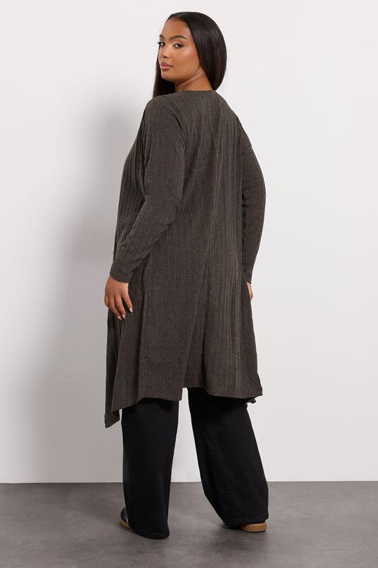 YOURS Plus Size Chocolate Brown Ribbed Midaxi Waterfall Cardigan | Yours Clothing 2