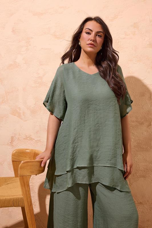 EVANS Plus Size Khaki Green Double Layer Top | Evans 1