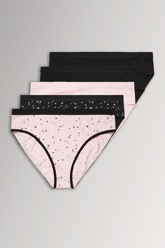 YOURSET 5 PACK Curve Black & Pink Star Print High Leg Knickers