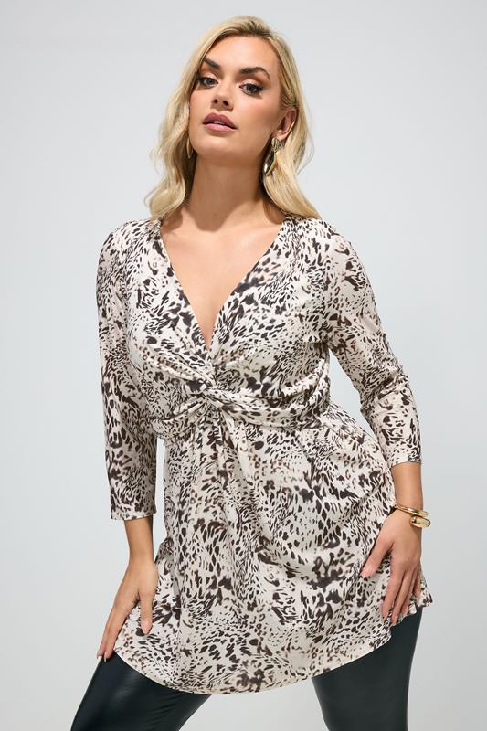 YOURS LONDON Plus Size Ivory White Animal Print Knot Front Top | Yours Clothing 1