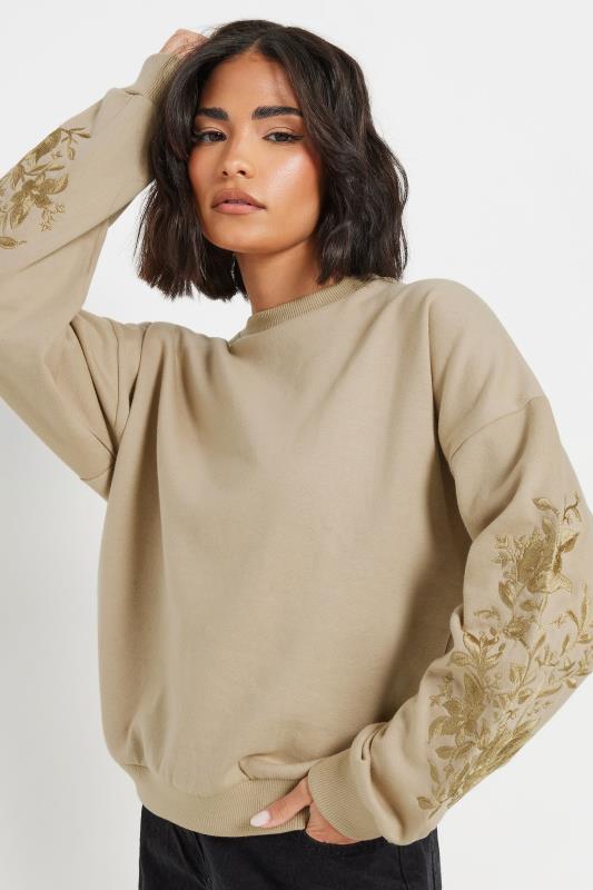 PixieGirl Petite Women's Natural Brown Floral Embroidered Sweatshirt | PixieGirl 1
