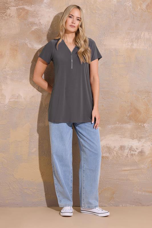 LTS Tall Women's Charcoal Grey Zip Detail T-Shirt | Long Tall Sally 1