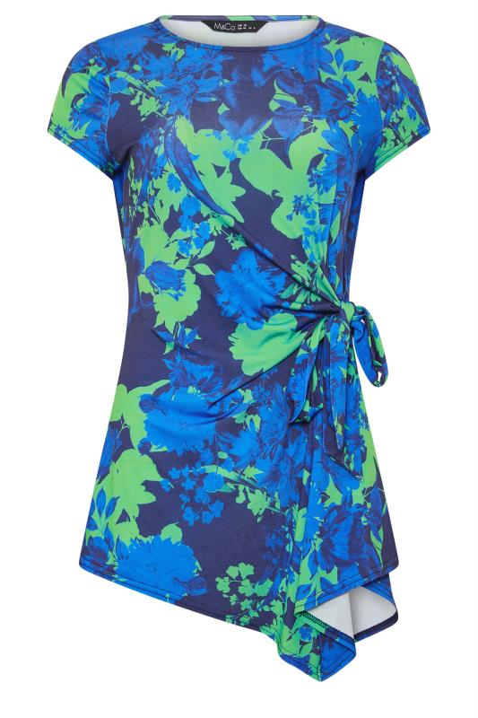 M&Co Blue Floral Print Tie Waist Asymmetric Top | M&Co 5