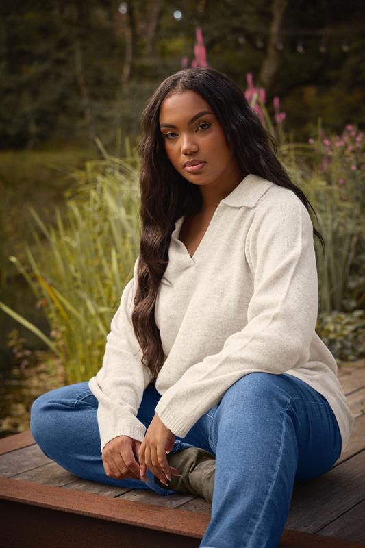 YOURS Plus Size Natural Brown Collared Knitted Jumper | Yours Clothing 2
