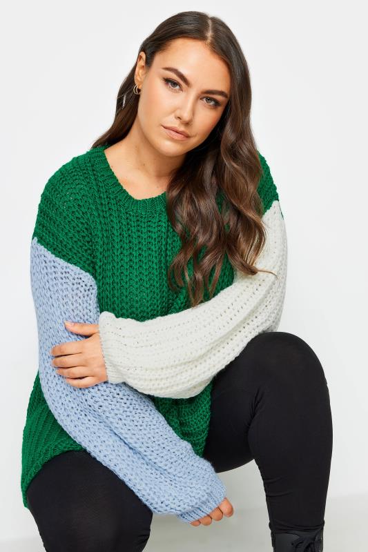 YOURS Plus Size Green Colourblock Chunky Knit Jumper | Yours Clothing 4
