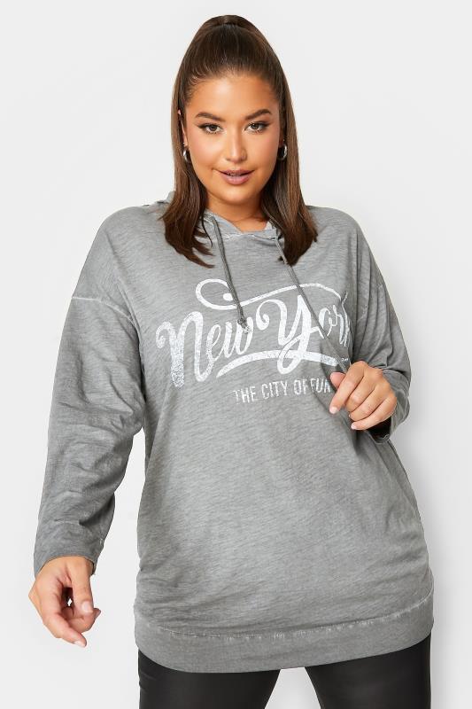 Plus Size  YOURS Curve Grey 'New York' Slogan Hoodie