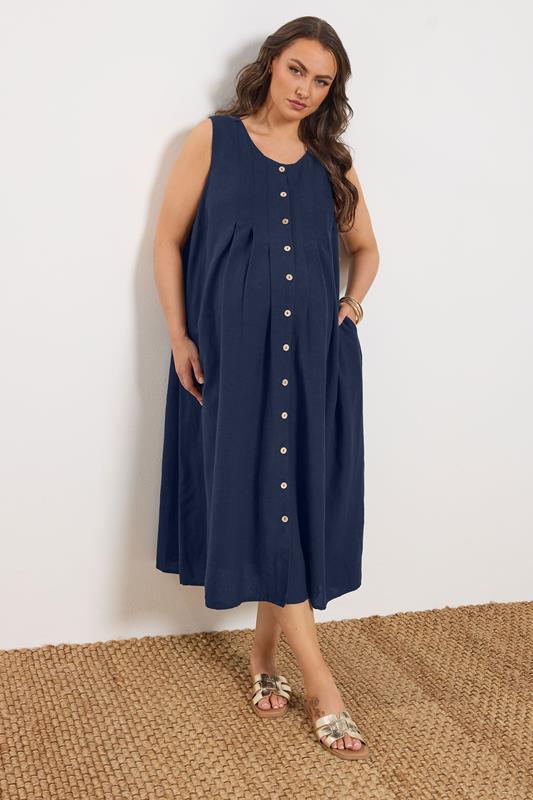 BUMP IT UP MATERNITY Plus Size Navy Blue Linen Button Through Dress | Yours Clothing 2