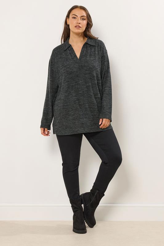 YOURS Plus Size Charcoal Grey Soft Touch Collared Jumper | Yours Clothing 1