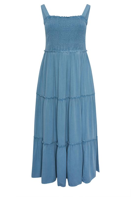 YOURS Plus Size Blue Shirred Strappy Chambray Maxi Dress | Yours Clothing 6