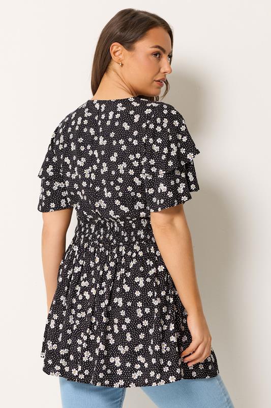 YOURS Plus Size Black Daisy Flutter Sleeve Top | Yours Clothing 2