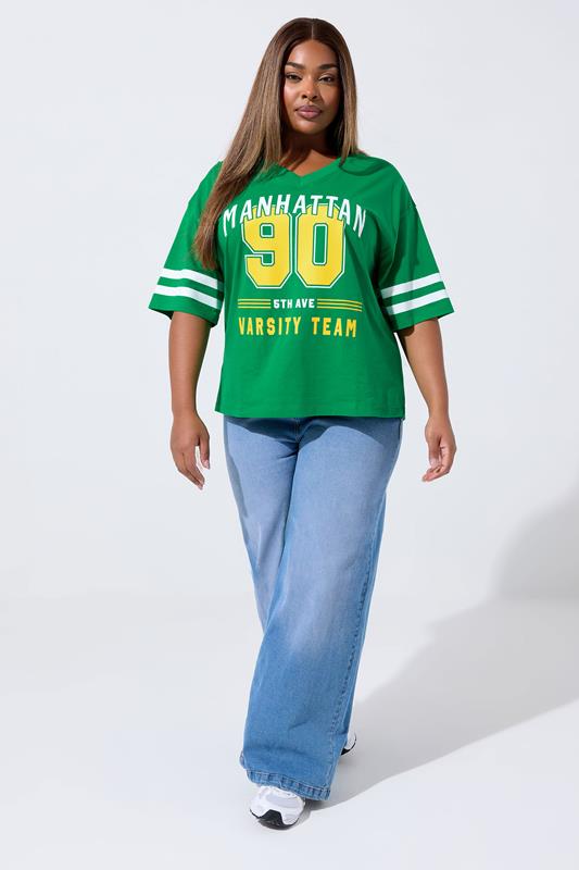 LIMITED COLLECTION Plus Size Green 'Manhattan 90' Varsity Print T-Shirt | Yours Clothing 1