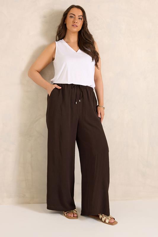 EVANS Curve Chocolate Brown Tie Waist Wide Leg Trousers