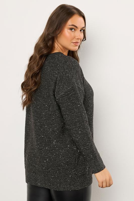 EVANS Plus Size Black Sequin Embellished V-Neck Jumper | Evans 2