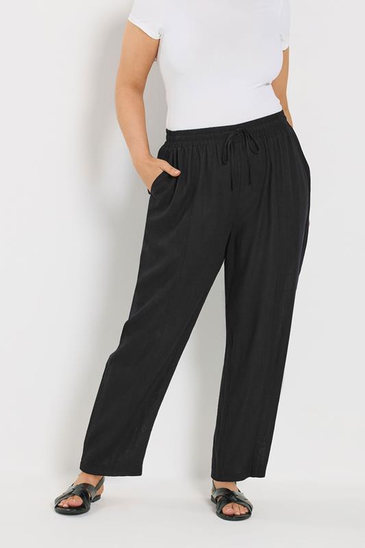 YOURS Curve Black Barrel Leg Linen Trousers