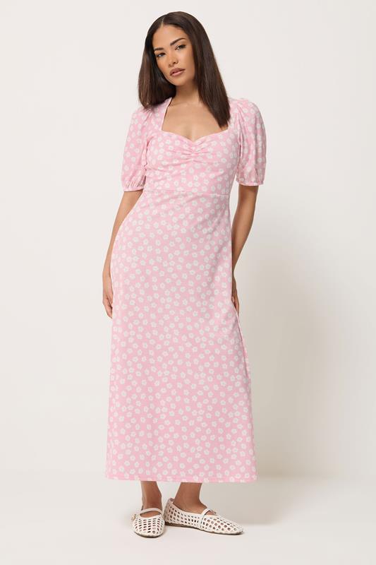 PixieGirl Petite Pink Floral Ruched Midi Dress