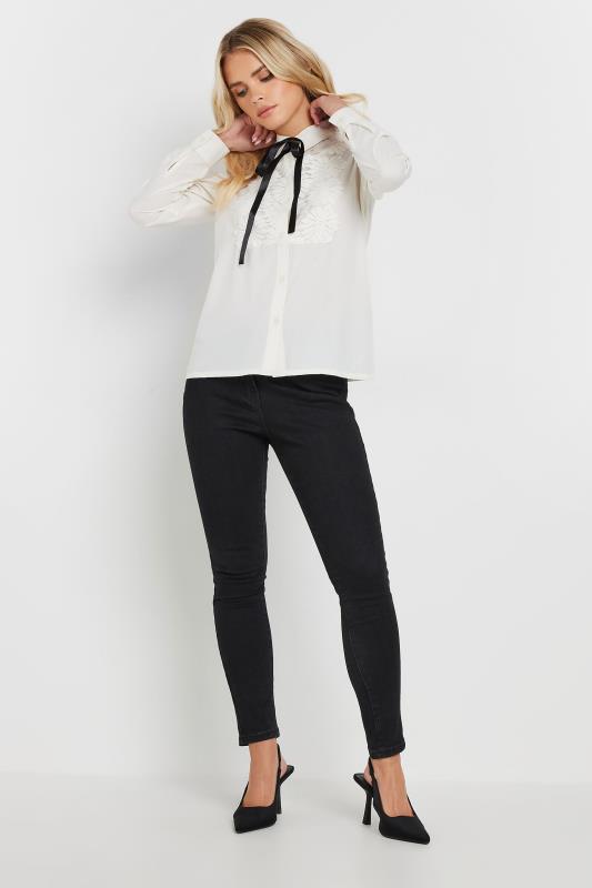 PixieGirl Petite Women's Ivory White Lace Trim Tie Neck Shirt | PixieGirl 1
