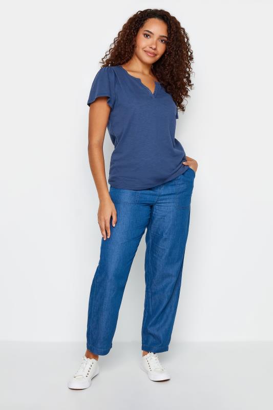 M&Co Navy Blue Lace Trim Short Sleeve V-Neck Cotton T-Shirt | M&Co 2
