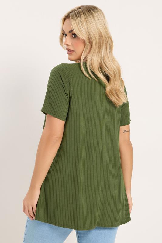 YOURS Plus Size Khaki Green Button Front Ribbed Swing Top | Yours Clothing 2