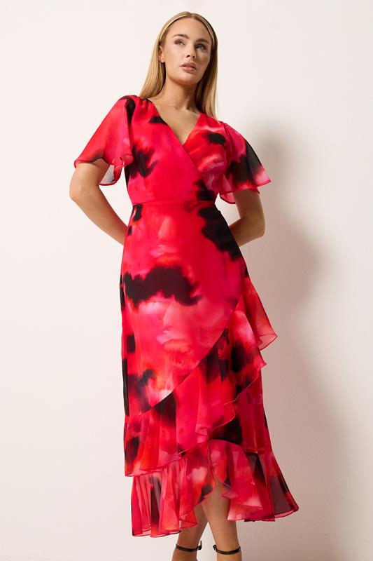 STAR Red Blurred Floral Tiered Wrap Dress