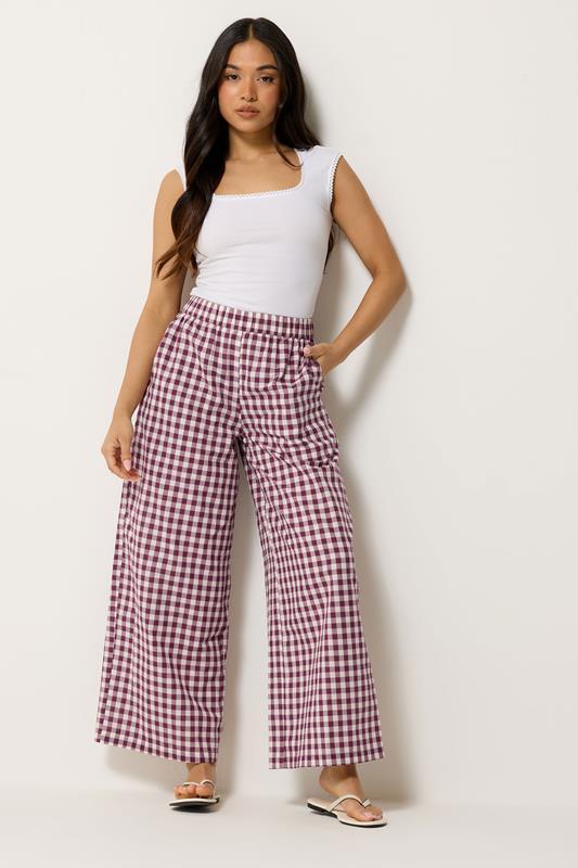 PixieGirl Petite Burgundy Red Gingham Cotton Wide Leg Trousers
