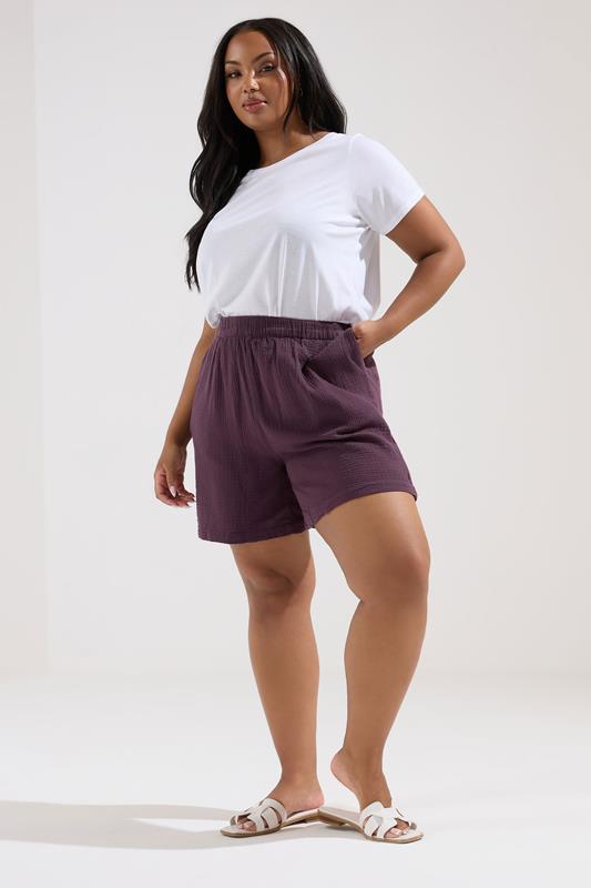 YOURS Plus Size Purple Cotton Cheesecloth Shorts | Yours Clothing 1