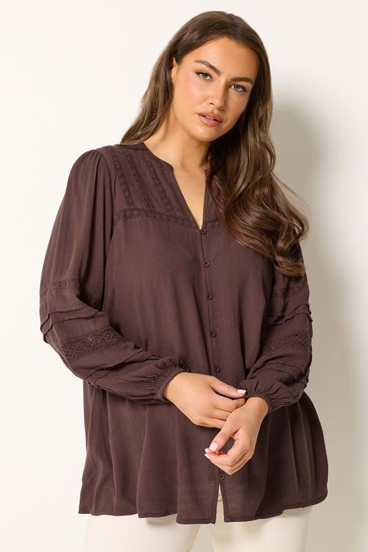 YOURS Plus Size Chocolate Brown Notch Neck Crochet Blouse | Yours Clothing  1