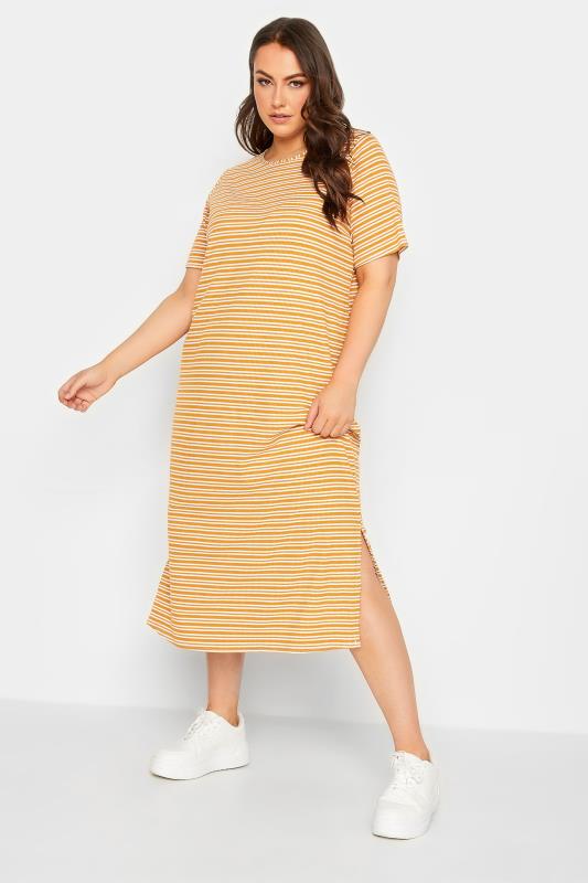 YOURS Plus Size Orange Stripe Print Maxi T-Shirt Dress | Yours Clothing 2