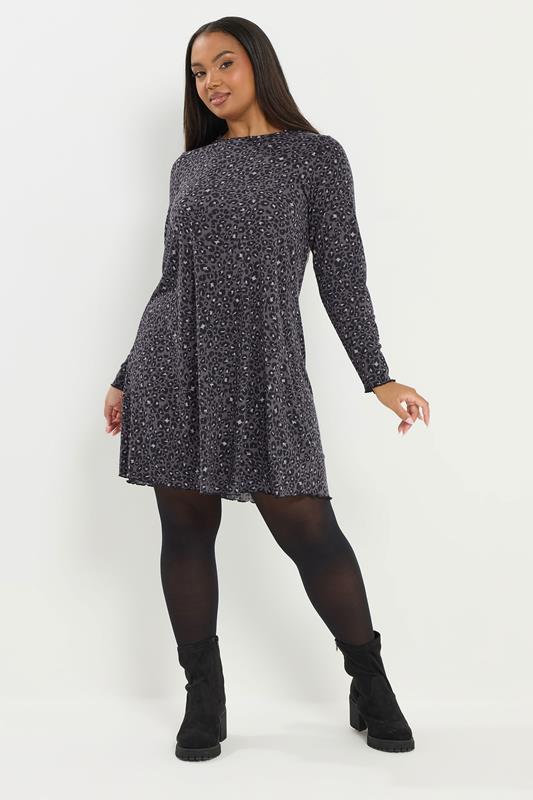 YOURS Curve Grey Leopard Print Ribbed Tunic Dress
