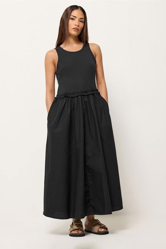 PixieGirl Petite Black Ruffle Detail Cotton Midi Dress