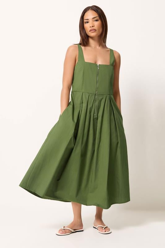 PixieGirl Petite Khaki Green Pleated Midi Dress | PixieGirl 1