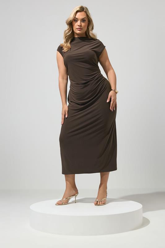 YOURS LONDON Plus Size Chocolate Brown Drape Dress | Yours Clothing 1