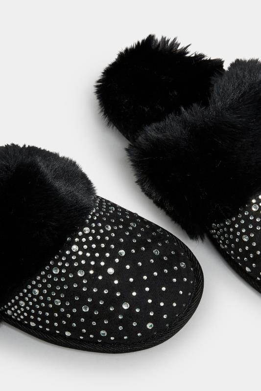 Black Diamante Faux Fur Slippers In Wide E Fit | Yours Clothing 5