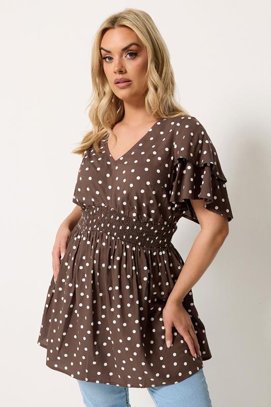 YOURS Plus Size Chocolate Brown Polka Dot Flutter Sleeve Top | Yours Clothing 1