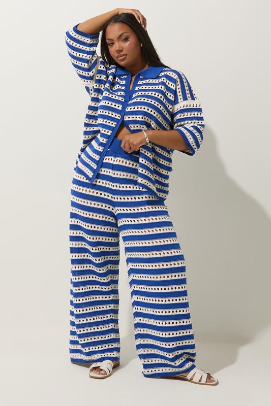 LIMITED COLLECTION Plus Size Blue & White Stripe Crochet Shirt | Yours Clothing 1
