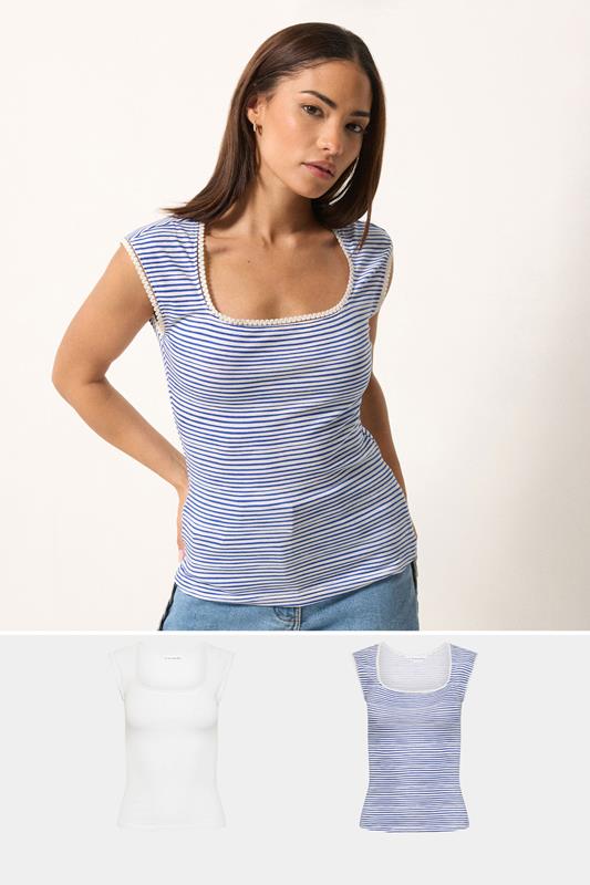 PixieGirl Petite 2 PACK White & Blue Stripe Cotton Vest Top