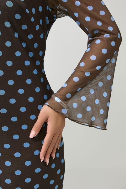 YOURS LONDON Plus Size Chocolate Brown & Blue Polka Dot Mesh Dress | Yours Clothing 4