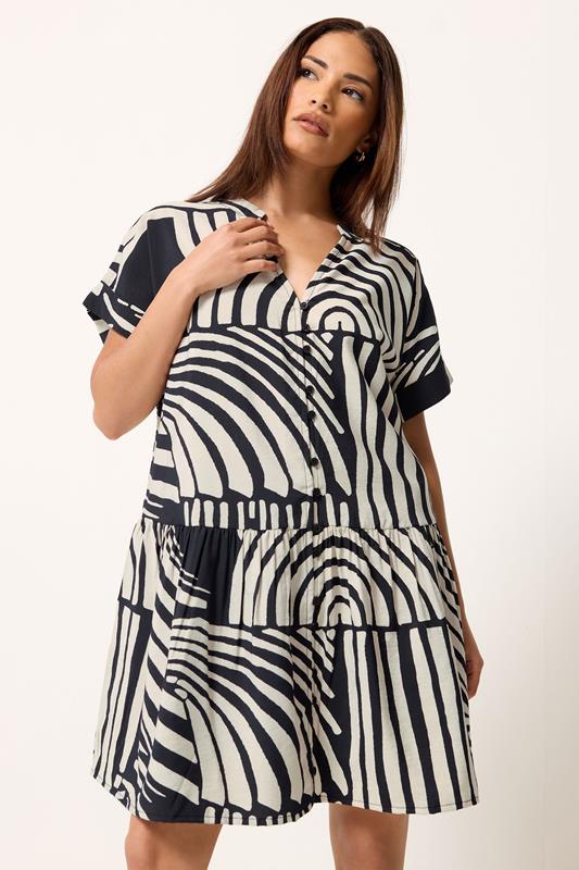 PixieGirl Petite Women's Black Abstract Button Shirt Mini Dress | PixieGirl 1