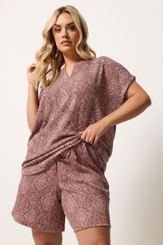 YOURS Plus Size Burnt Orange Textured Diamond Print Shorts | Yours Clothing 1