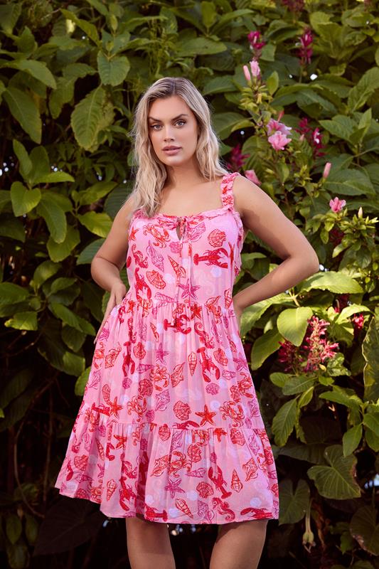 YOURS Plus Size Pink Mixed Shell Print Dress | Yours Clothing 1