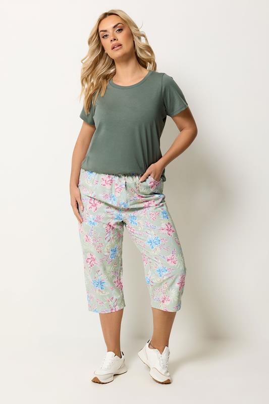 YOURS Plus Size Sage Green Tropical Cropped Trousers | Yours Clothing 1