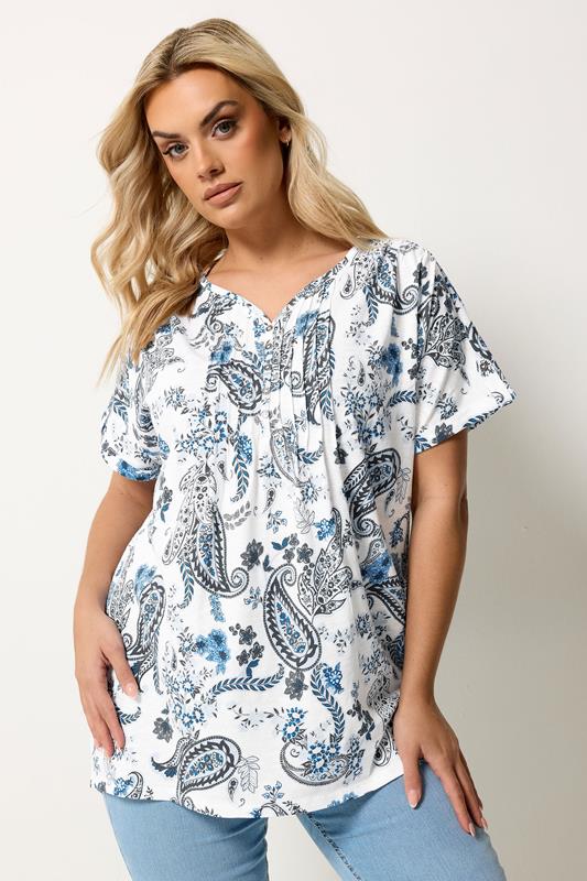 YOURS Curve Navy Blue Paisley Pintuck Short Sleeve Top