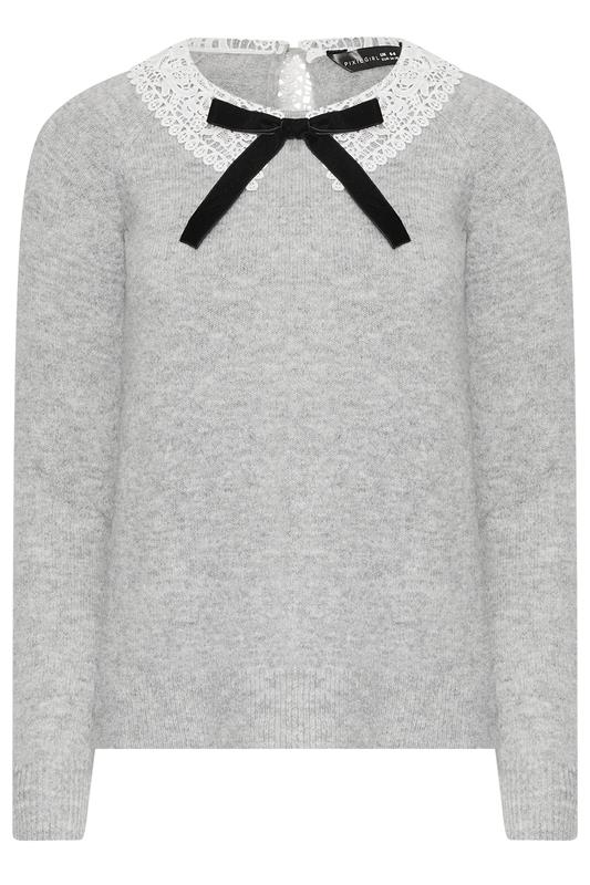 PixieGirl Petite Women's Grey Lace Collar Bow Jumper | PixieGirl 5