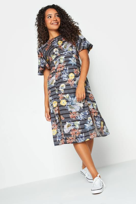 M&Co Grey Floral Stripe Angel Sleeve Split Hem Midi Dress | M&Co 2